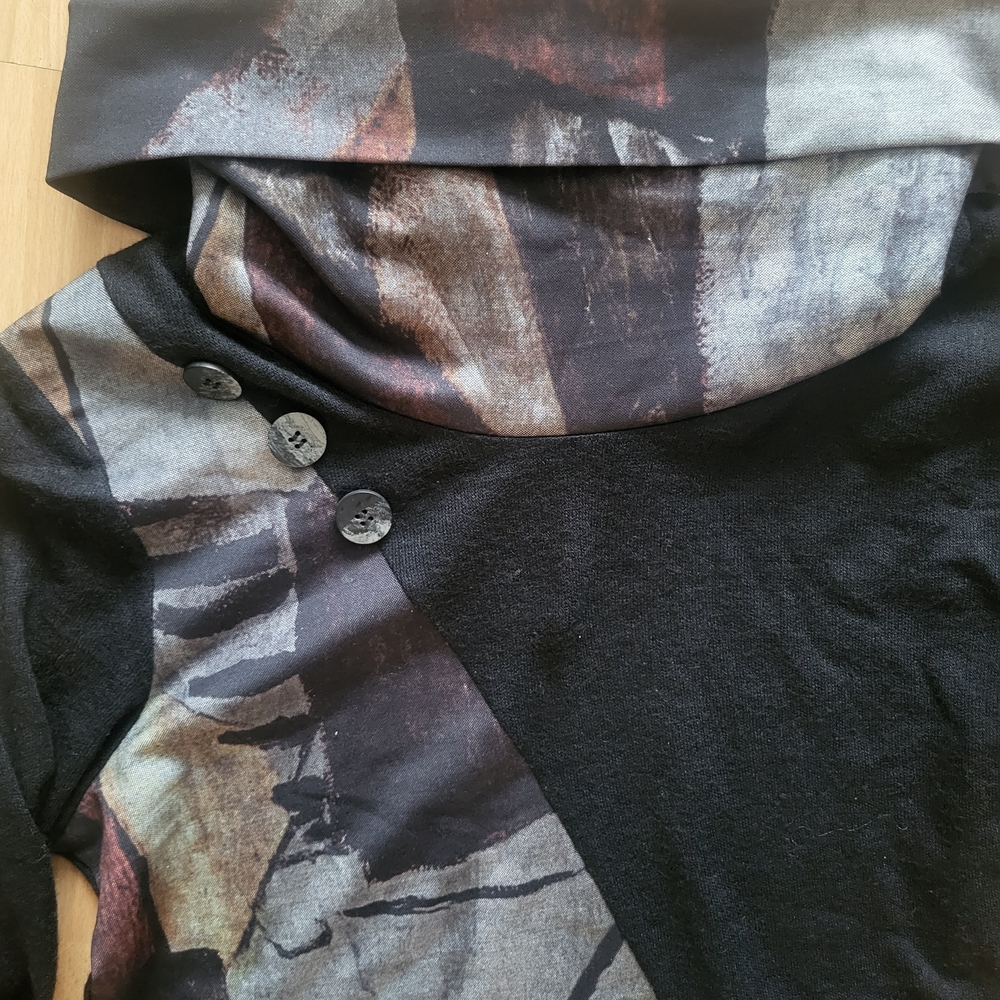 Red Coral Abstract Cowl Neck Tunic Sweater Lace Trim Large